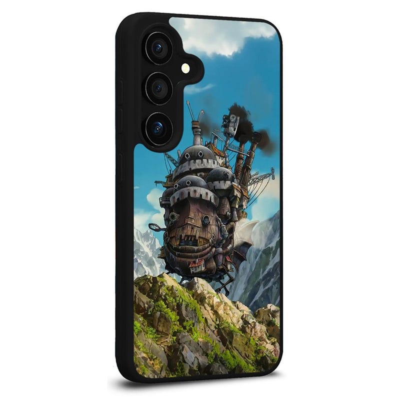 May include: Black phone case featuring a colorful illustration of a moving castle against a blue sky with clouds. The case has a black border and a camera cutout.