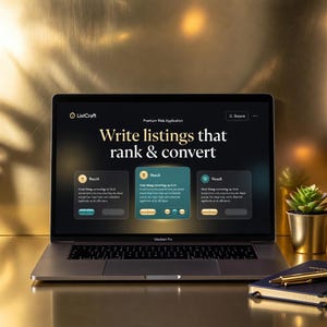 Puede incluir: Un ordenador portátil MacBook Pro que muestra una interfaz de aplicación web con el texto "Write listings that rank & convert". Una pequeña planta suculenta en una maceta dorada y un cuaderno con un bolígrafo están en el escritorio.