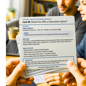 May include: A white rectangular card titled Card 30: Should You Offer a Subscription Option? with blue text headers including Target Metrics, Prompt, Deep Dive, How to Utilize, and Coach's Tip, providing business advice on recurring revenue models.