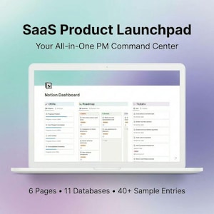May include: A white laptop displays a Notion Dashboard interface, showcasing OKRs, Roadmap, and Tickets sections. The screen features the text "SaaS Product Launchpad" and "Your All-in-One PM Command Center." The bottom of the screen shows "6 Pages • 11 Databases • 40+ Sample Entries."