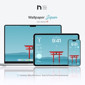 以下が含まれることがあります： ミニマルな日本のデザインのデジタル壁紙セット。赤い鳥居と穏やかな青色の背景が特徴です。デザインはラップトップ、タブレット、スマートフォンに表示されます。「Wallpaper Japan」と「Zen Series」のテキストが含まれています。
