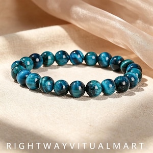 5A Enhanced Teal Tiger Eye Bracelet, 8mm Blue Beaded, Confidence Focus Stone, Unisex Jewelry