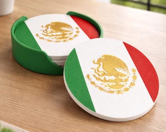 Mexican Flag Coaster Set with Holder – Party Tableware - World Cup