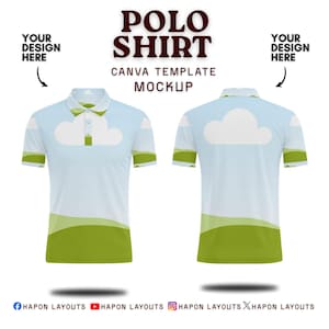 Peut inclure: Un modèle de polo Canva présentant des vues de face et de dos. Le polo arbore un fond bleu ciel avec des nuages blancs et des collines vertes en bas. Le texte indique : POLO SHIRT CANVA TEMPLATE MOCKUP, YOUR DESIGN HERE.