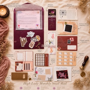 Puede incluir: Un set de papelería que incluye un sobre morado oscuro con una carta, un marcapáginas floral, una postal de girasol, una tarjeta de cumpleaños, papelería vintage, pegatinas, un rastreador de hábitos, un bloc de notas y tarjetas de citas.