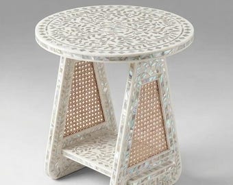 Mesa auxiliar redonda con incrustaciones de nácar / Muebles auxiliares con incrustaciones de hueso hechos a mano