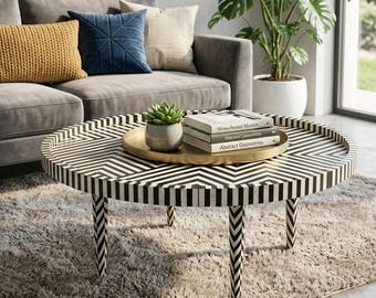 Handmade Bone Inlay Coffee Table Chevron Pattern Center Table Ethically Sourced Bone Furniture Modern Round Coffee Table Art Deco Home Decor