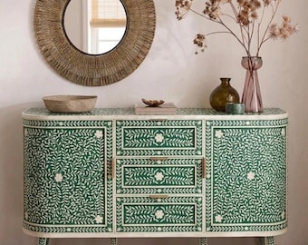 Smaragdgroen dressoir met beeninleg – kast met bloemmotief, handgemaakte Indiase kunst