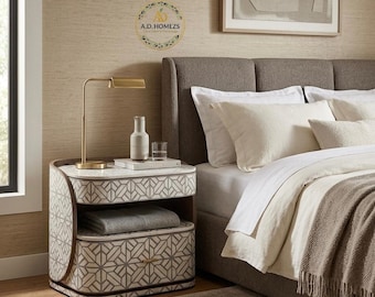 Mesa de cabeceira com incrustações de osso de origem ética - Mesa de cabeceira geométrica moderna - Mesa lateral de luxo feita à mão - Móvel com incrustações para decoração de quarto