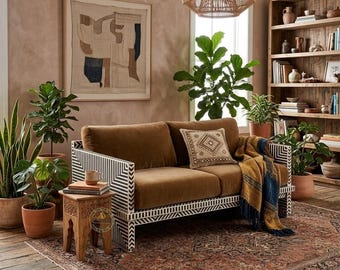 Handmade Bone Inlay Sofa, Chevron Pattern Velvet Couch, Ethically Sourced Luxury Loveseat, Modern Statement Living Room Furniture, AD Homezs