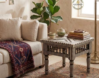 Handcrafted Mother of Pearl Inlay Side Table, Boho Living Room Accent Furniture