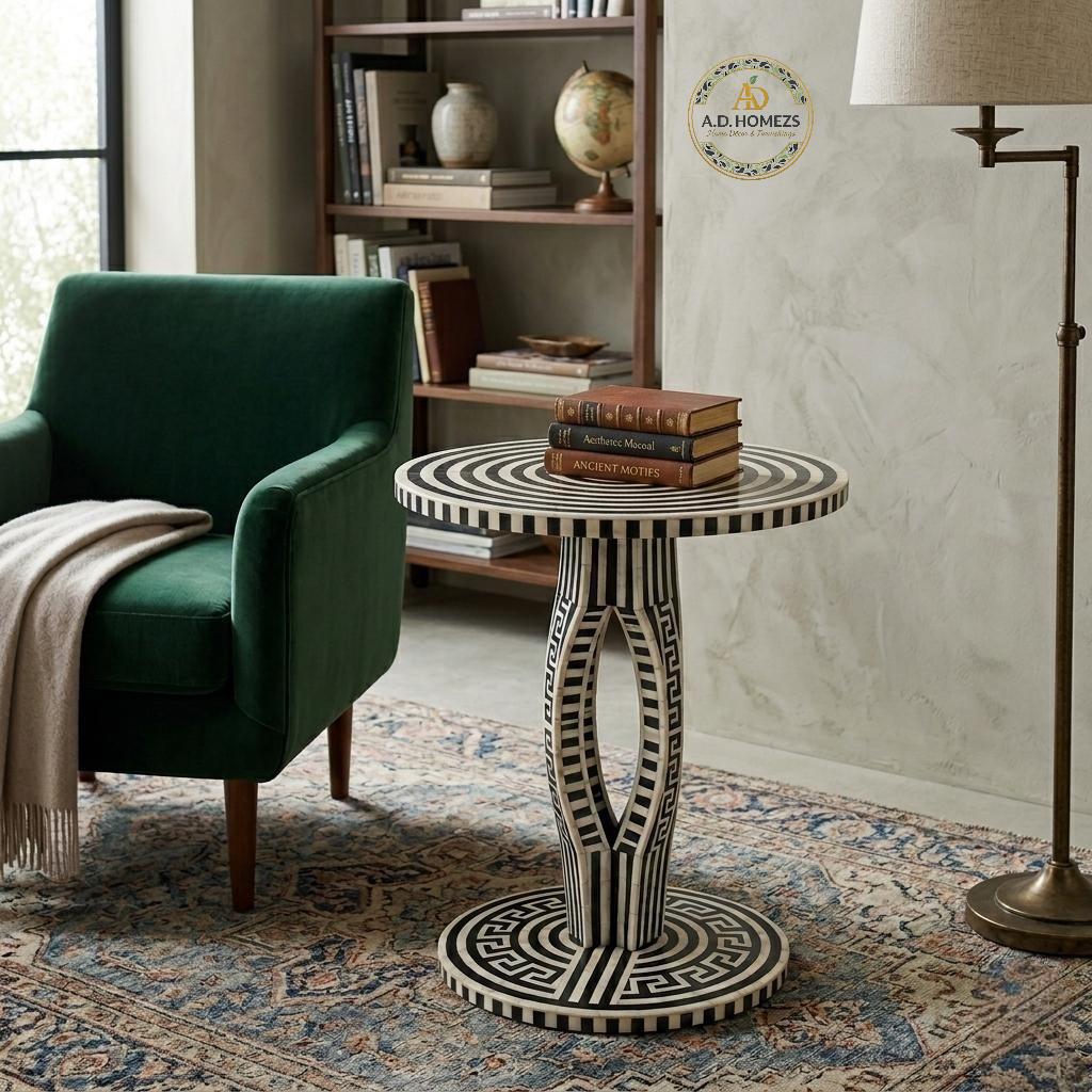 Handcrafted Bone Inlay Side Table – Geometric Black White Pedestal ...
