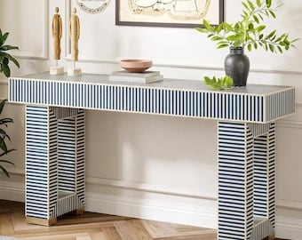 Handcrafted Bone Inlay Stripe Console Table – Ethically Sourced Luxury Entryway Decor – Geometric Modern Furniture