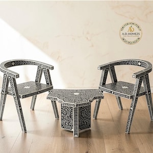 Handcrafted Bone Inlay Chair and Coffee Table Set – Black White Artisan Furniture