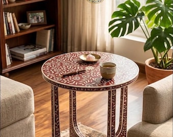 Tavolino laterale artigianale con intarsi in madreperla, tavolino rotondo con motivo floreale, tavolino d'appoggio di lusso per soggiorno, idea regalo per l'arredamento in stile boho.
