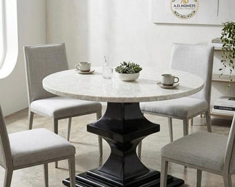 Round Mother of Pearl Inlay Dining Table, Marble Top, Wooden Pedestal Base