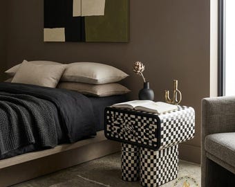 Handmade Checkered Mother of Pearl Inlay Bedside Table, Geometric Nightstand Cabinet