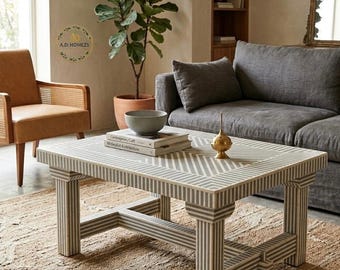 Mesa de centro artesanal con incrustaciones de hueso de origen ético – Mesa auxiliar para sala de estar con diseño geométrico – Decoración de lujo estilo boho para el hogar. Oferta del viernes.