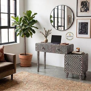 Checkerboard Mother of Pearl Inlay Console Table, Handcrafted Entryway Desk, Modern Monochrome Side Table, Luxury Statement Furniture