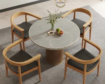 Ethically Sourced Bone Inlay Round Dining Table, Handmade Striped Pedestal Furniture