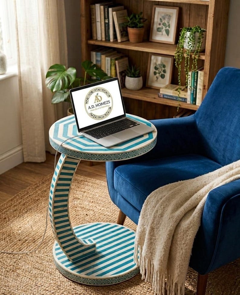 Handcrafted Bone Inlay Side Table, Blue Stripes Accent Laptop Table - Etsy