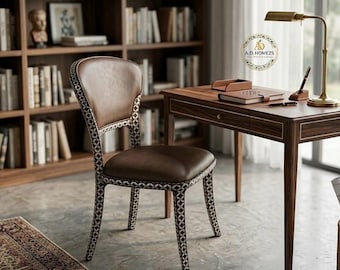 Silla artesanal con incrustaciones de nácar, silla auxiliar de lujo con estampado floral, silla tapizada para comedor y tocador, decoración moderna de montaje mínimo.