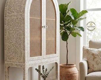 Handcrafted Mother of Pearl Inlay Arched Cabinet – Floral Vine Cane Doors Bohemian Bar Armoire