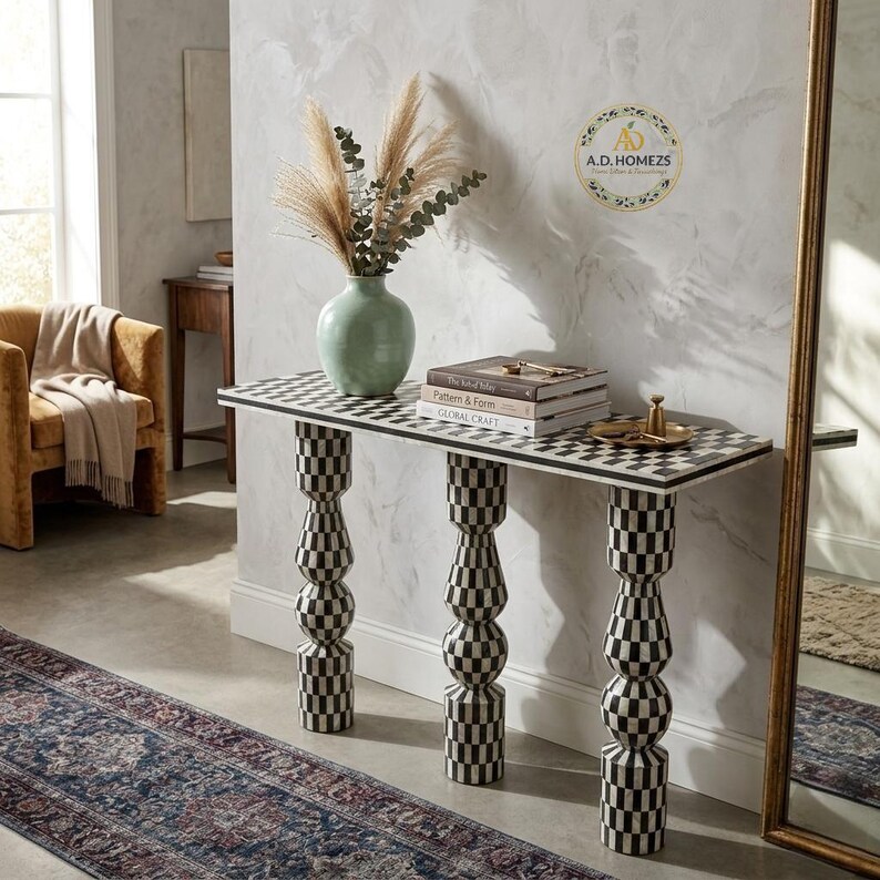 Mother of Pearl Inlay Console Table | Black White Checkered Entryway ...
