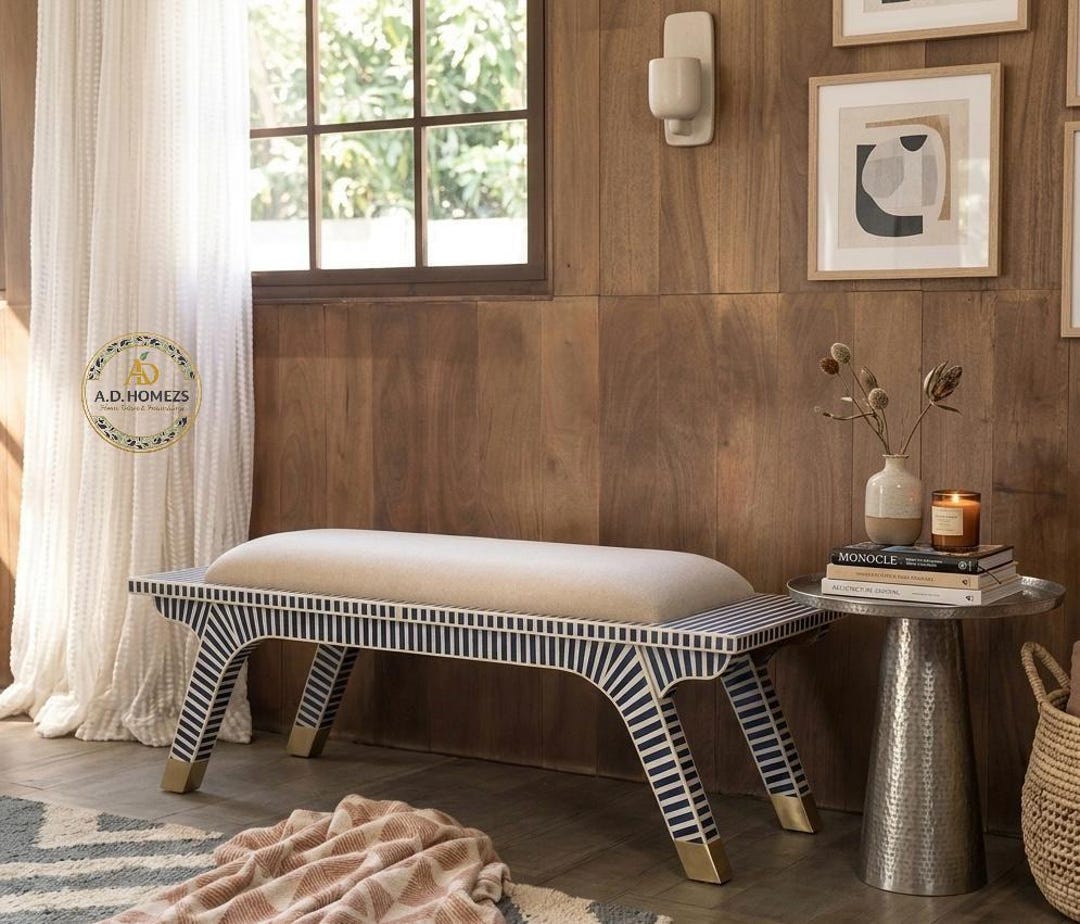 Handcrafted Bone Inlay Bench, Striped Navy Blue Entryway Seating ...