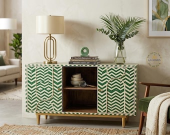 Aparador artesanal con incrustaciones de hueso – Mueble buffet con estampado de espiga verde y patas de latón