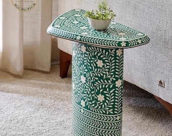 Green Floral Bone Inlay Side Table - Handmade Ethical End Table - Unique Accent Furniture
