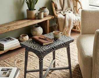 Handmade Mother of Pearl Inlay Side Table, Floral Pattern Accent Table, Luxury End Table for Living Room, Artisan Moroccan Coffee Table