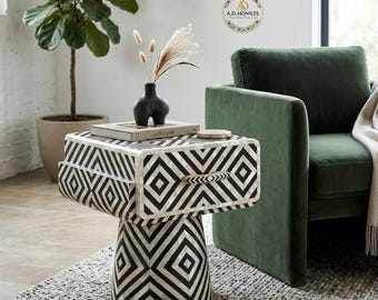 Mother of Pearl Inlay Side Table - Geometric Diamond Pattern Pedestal End Table, Black & White Handmade Accent Furniture for Living Room