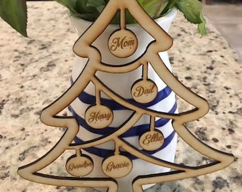 Christmas Family Tree. Engraved wood tree with up to 7 names. 7.25" x 6.5" (approximately) Free Shipping to Mainland USA.