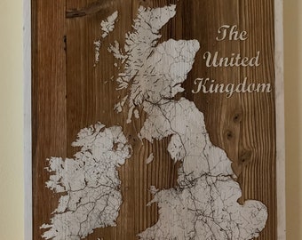 Laser Engraved United Kingdom Map – Wood Wall Art, Custom Topography