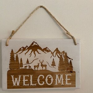 Wall Plaque, Deer Mountain Scene Name or Message Sign, Painted Background, Laser engraved on recycled pallet wood