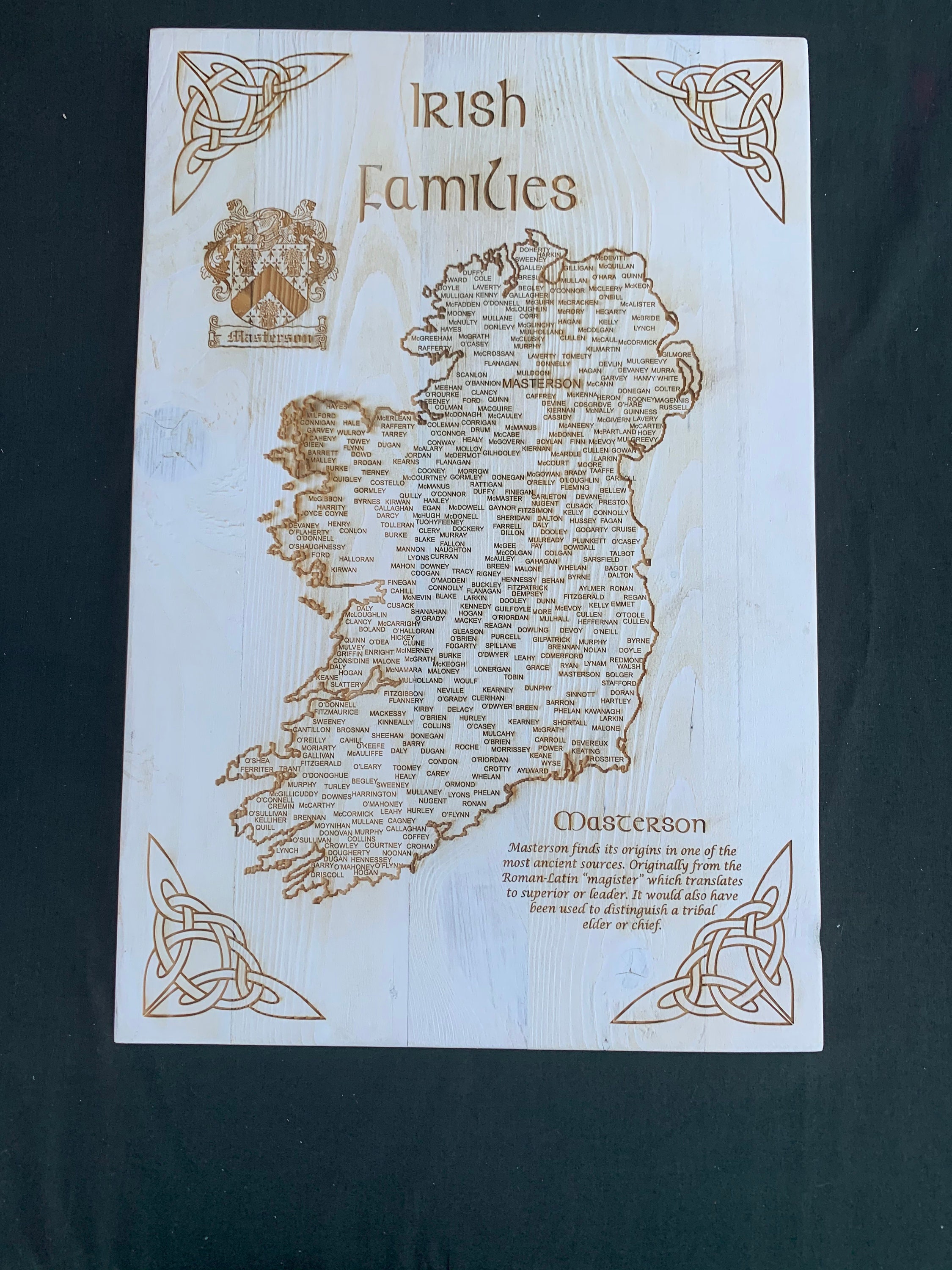 Map engraved Irish Family Name, Custom Engraving, Wood