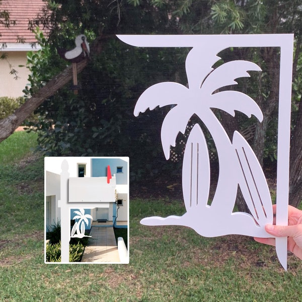 Mailbox Bracket - Palm Tree W/Surfboards Medium 12x16 inch, Custom Mailbox, Coastal, Bracket, Outdoor Decor, Mailbox & Post Not Included