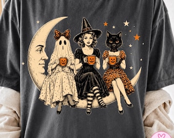 Halloween Girl Squad PNG, Vintage Witch Ghost Cat Moon PNG, Spooky Season Sublimation Design, Retro Halloween Shirt PNG Download