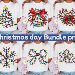 May include: A collection of six white t-shirts featuring festive graphic prints of a Christmas tree, a holiday ornament, candy canes, a snowflake, a bow, and a floral shape, all constructed from colorful string lights. The text reads christmas day Bundle png.