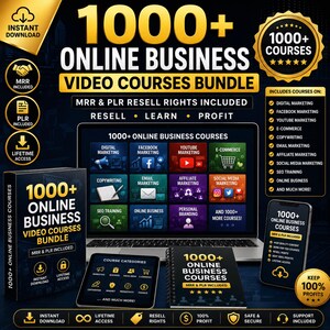 May include: A digital product bundle featuring 1000+ online business video courses with MRR and PLR resell rights. The display includes a laptop, a tablet, a notebook, and a smartphone, all showcasing the text 1000+ ONLINE BUSINESS VIDEO COURSES BUNDLE.