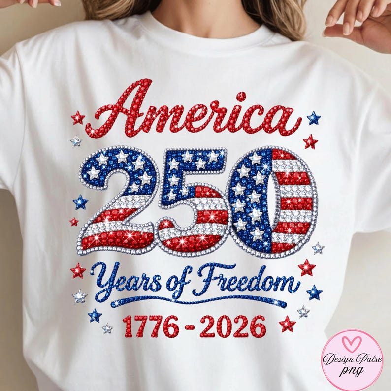 Puede incluir: Camiseta blanca con un dise&ntilde;o patri&oacute;tico que celebra el 250 aniversario de Estados Unidos. El dise&ntilde;o presenta la palabra "America" en rojo, el n&uacute;mero "250" con detalles rojos y azules, y el texto "Years of Freedom 1776-2026".