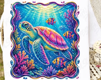 May include: White t-shirt featuring a vibrant, colorful sea turtle swimming in an underwater scene. The design includes coral, bubbles, and tropical fish, framed by a wavy, decorative border. The turtle's shell is a rainbow of colors.
