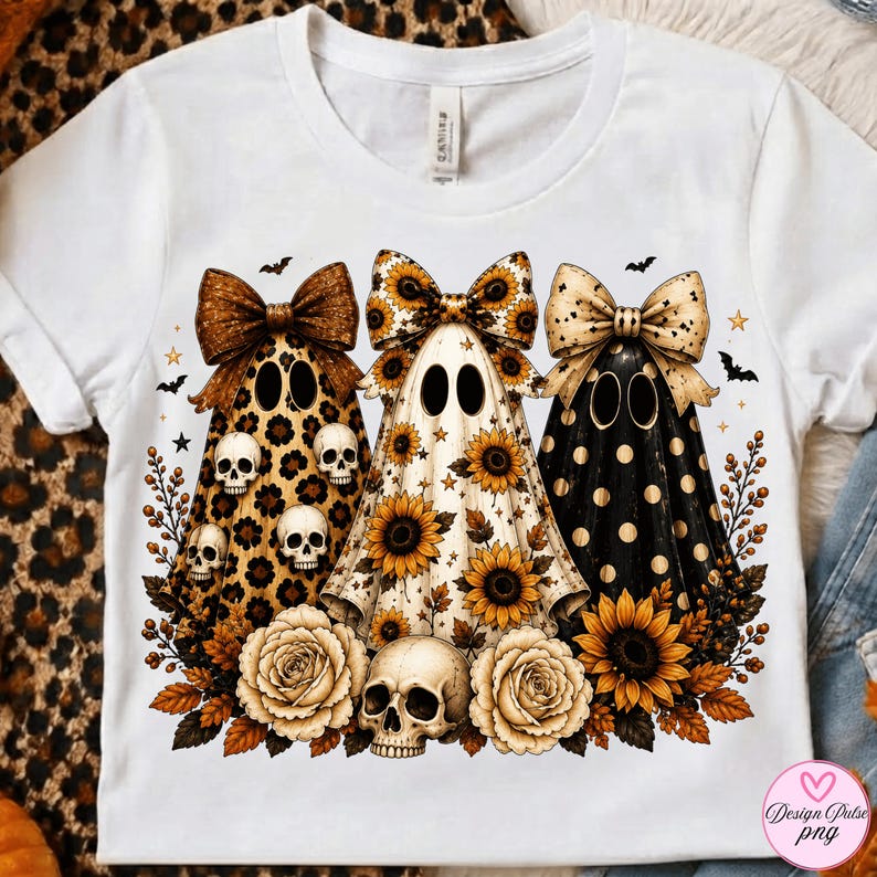 May include: A white t-shirt featuring a graphic of three ghosts wearing large bows. The ghosts have leopard print, sunflower, and polka dot patterns. The design includes sunflowers, roses, and skulls, with small bats and stars scattered around.