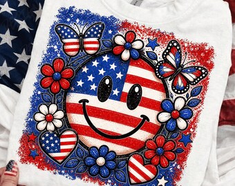 PNG de carita sonriente patriótica / Diseño de sublimación del 4 de julio / Bandera de EE. UU. con lindas flores y mariposas / Descarga PNG del Día de la Independencia
