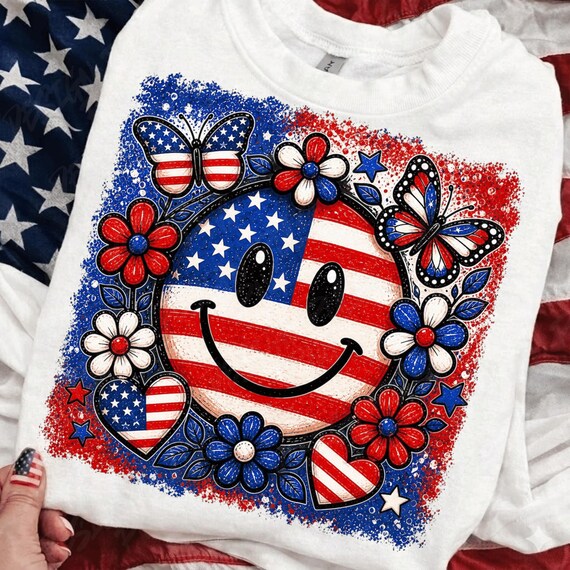 Patriotic Smiley Face PNG | 4th of July Sublimation Design | USA Flag Cute Flowers Butterflies | Independence Day PNG Download