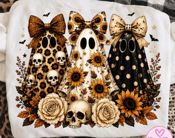 Ghost PNG Bundle, Floral Ghost PNG, Sunflower Ghost PNG, Leopard Ghost Sublimation, Coquette Halloween, Spooky Season Shirt Design
