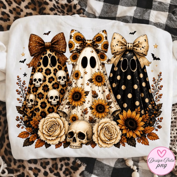 Ghost PNG Bundle, Floral Ghost PNG, Sunflower Ghost PNG, Leopard Ghost Sublimation, Coquette Halloween, Spooky Season Shirt Design
