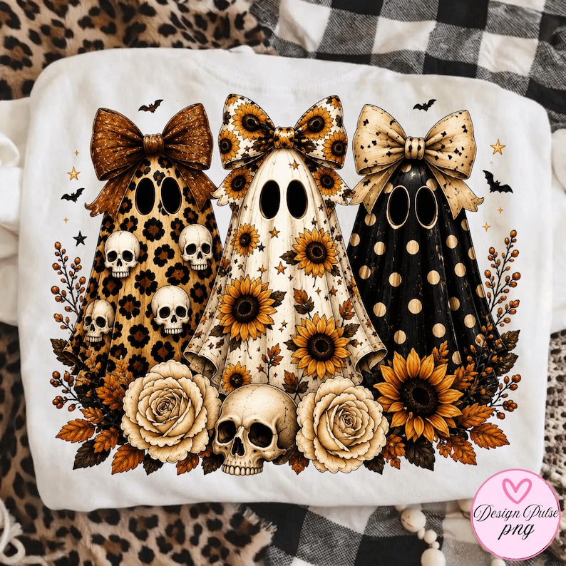 May include: A white t-shirt featuring a graphic of three ghosts wearing large bows. The first ghost has a leopard print with skulls, the second has a sunflower pattern, and the third is black with gold polka dots. Includes roses and a skull.