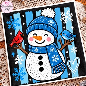 May include: A square graphic illustration featuring a smiling snowman wearing a blue knit hat with a white pom-pom and a matching blue scarf with white snowflake patterns. A red cardinal and a blue bird perch on the snowman's branch arms.